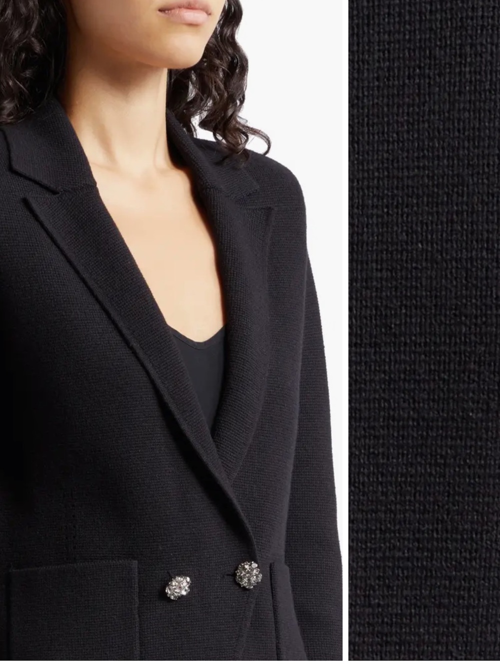L'AGENCE Black Double-Breasted Knit Blazer with Crystal Buttons
